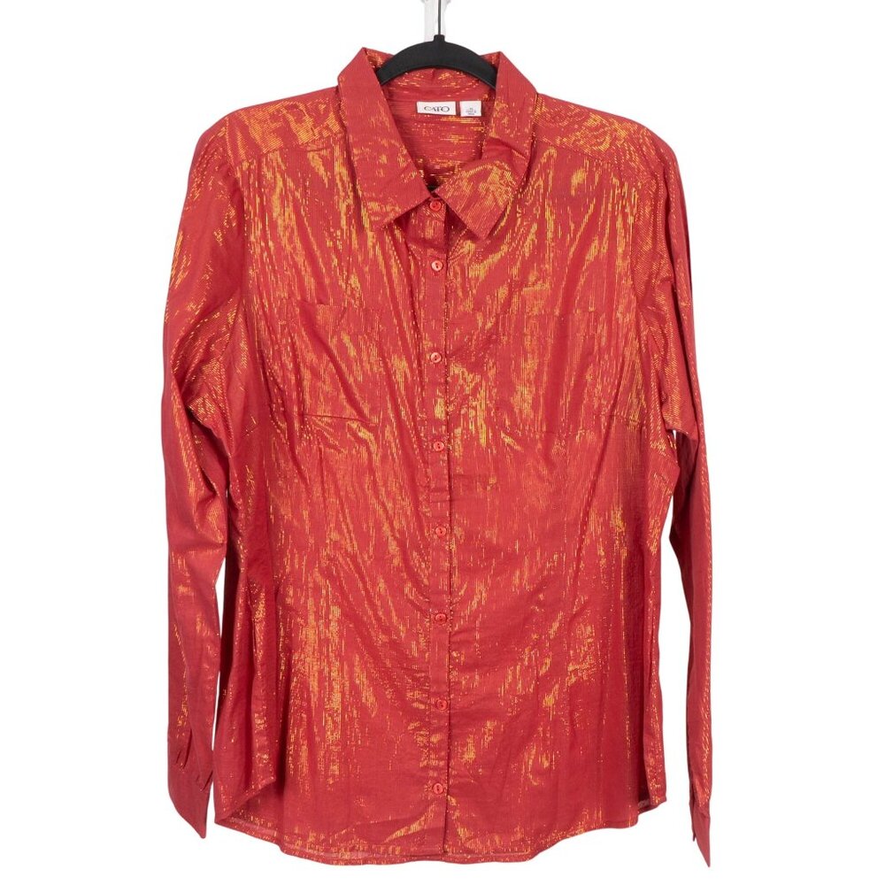 Cato Button Up Shirt XL Womens Red Gold Metallic Striped Long Sleeve Cotton